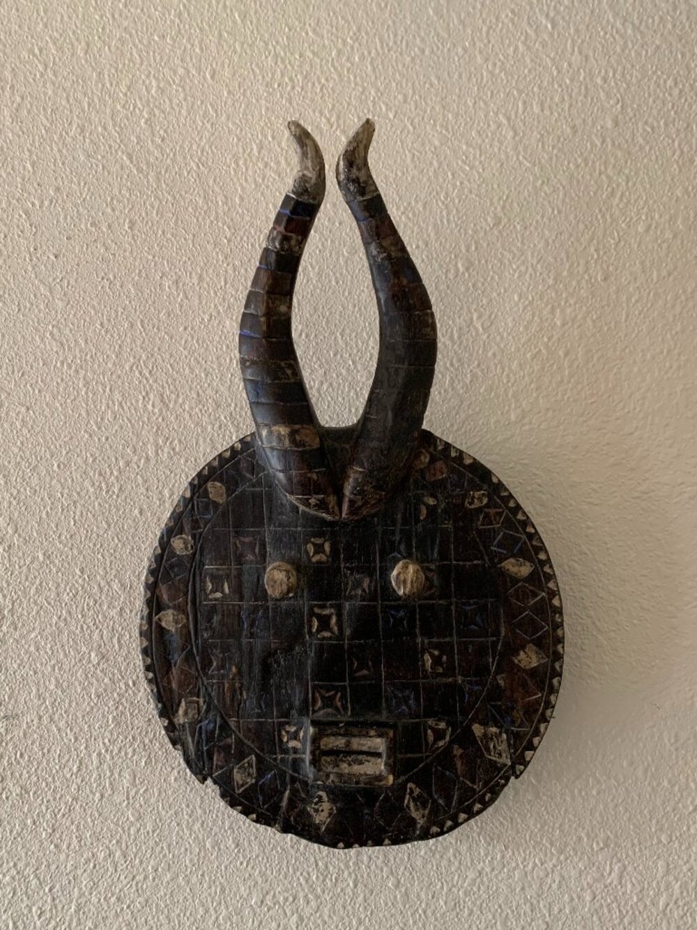 Unique Hand-Carved Wooden African Tribal Baule Mask with Horns